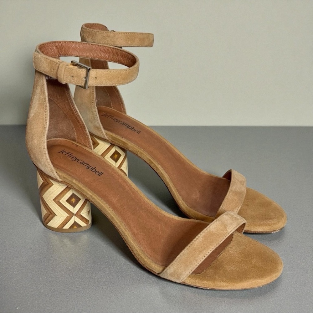 Jeffrey Campbell Suede Diamond Heeled Sandals Size 9.5 Ankle Strap Block Heel